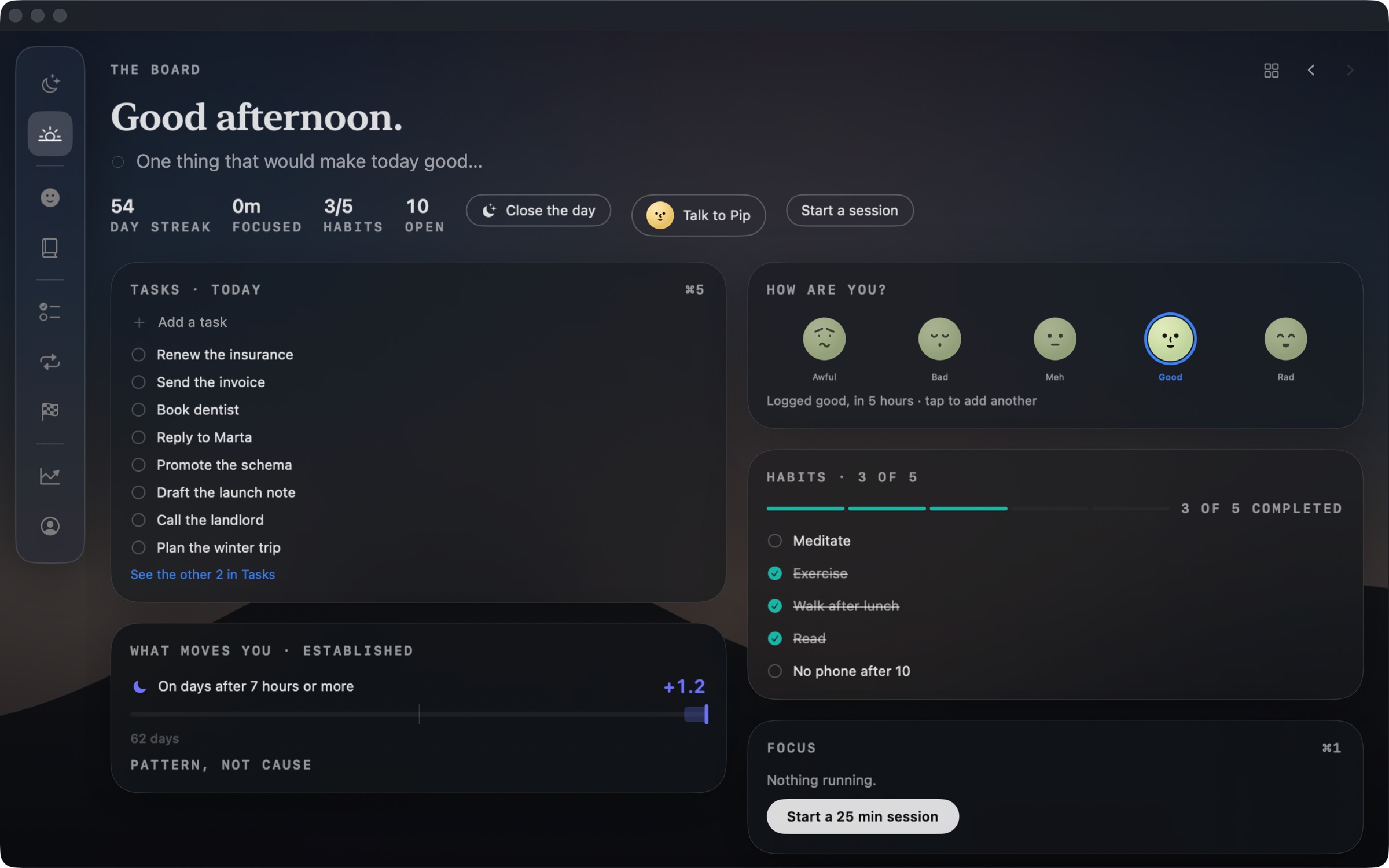 LifeOS on Mac — Mood, habits, tasks, goals and journal in one loop, with an on-device companion.